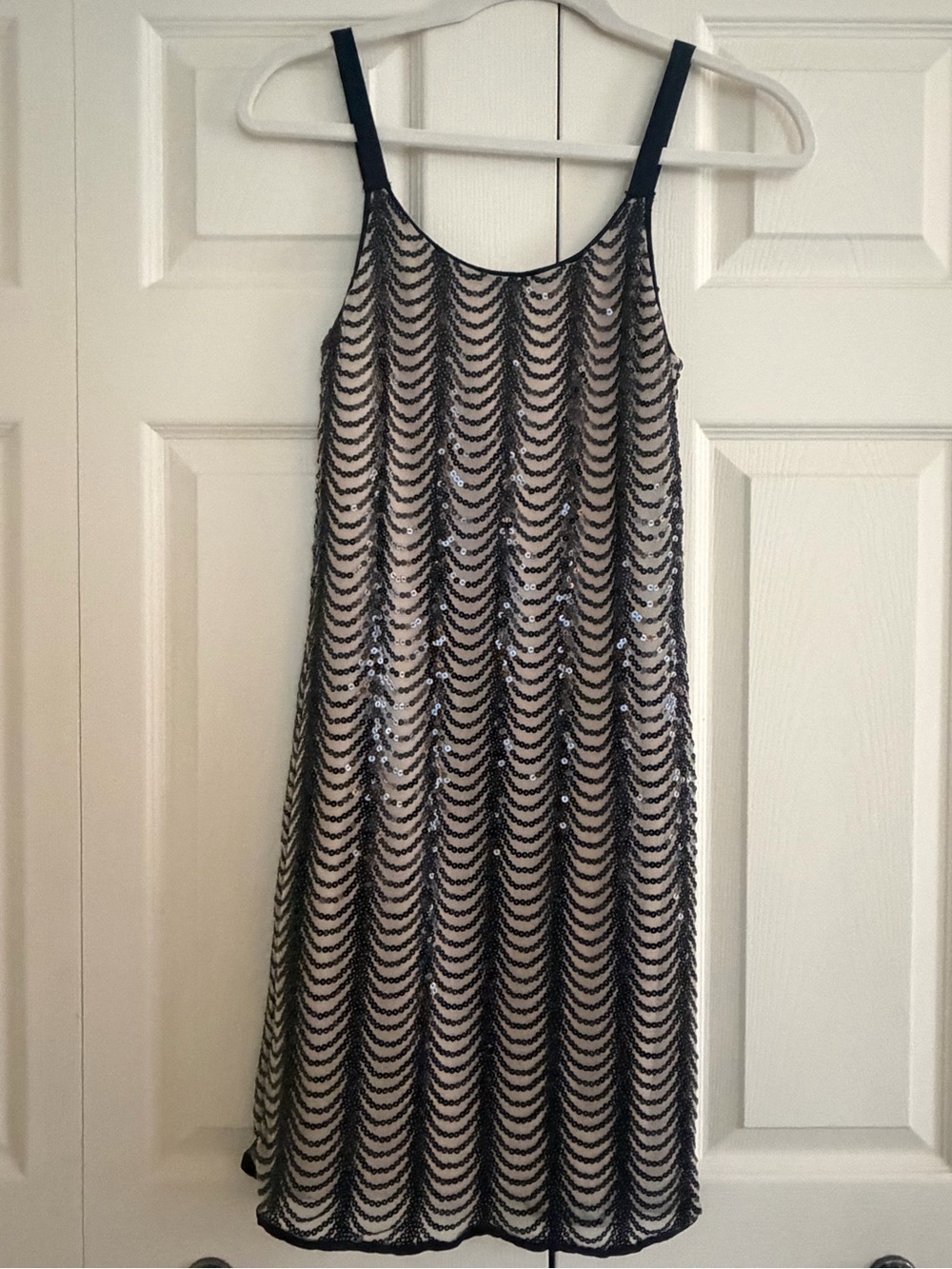Sleeveless Black Sequin Overlay Dress with Nude Lining